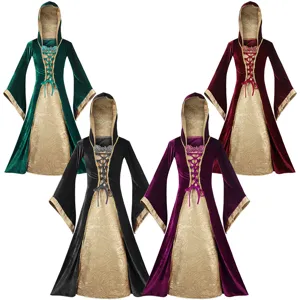 Halloween Cosplay Médiéval Renaissance Reine Longue Robe Vintage Gothique À Capuche Velours Maxi Robe Femmes Fête Scène Costume