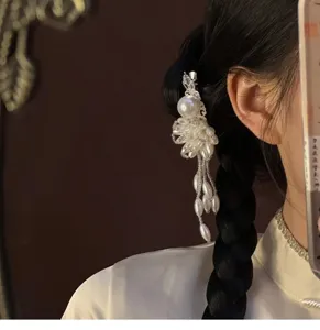 Pearl flower tassel hair clip elegant side hair accessory for women graceful fashion styling