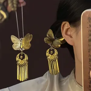 New Chinese Style Golden Butterfly Tassel Hairpin Alloy U-shaped Hair Fork