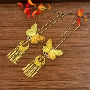 Chinese style golden butterfly tassel hairpin elegant U-shaped hair fork hair accessories