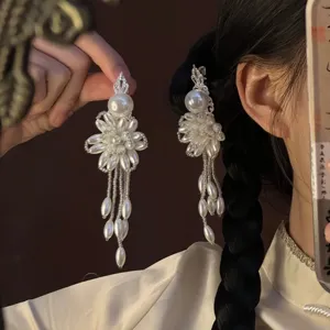 Chinese Style Elegant Floral Pearl Tassel Hairpin Alloy Artificial Pearl Hair Clip Fashion Hair Accessories For Women