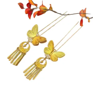 Gold butterfly hairpins with tassels, traditional Chinese style u-shaped hair forks for women.