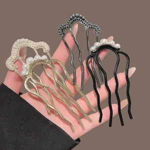 U-shaped hair fork pearl hair clip bun fixer hair comb four-tooth hair accessory set