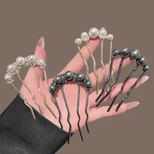 Pearl U-shaped hair fork four-tooth comb bun maker elegant hair styling accessories for women