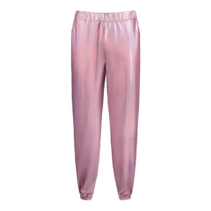 Shiny holographic pink pants for women, loose streetwear casual joggers with elastic waist.