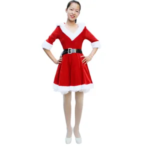 Christmas dress detail showing the soft red velvet fabric and white faux fur trim design.