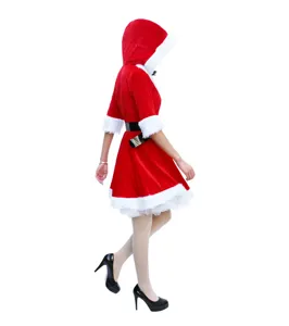 Detailed view of the Christmas costume showing red velvet fabric, plush trim, and belt design.