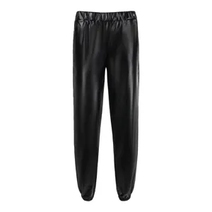 Black faux leather joggers for women, stylish loose streetwear pants with elastic waist.