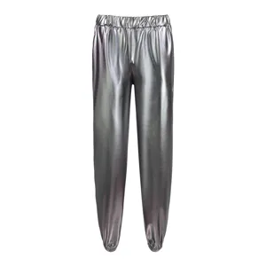 Holographic metallic jogger pants for women, shiny baggy streetwear trousers for party.
