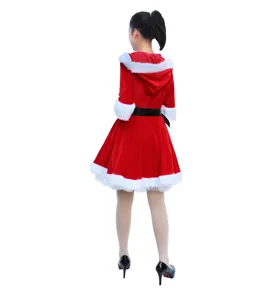 Back view of women's red velvet Christmas costume dress featuring white plush trim and belt.
