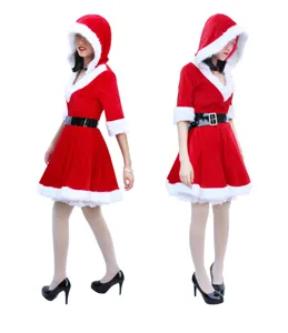 Women's Christmas Santa costume hooded velvet red dress with belt performance outfit