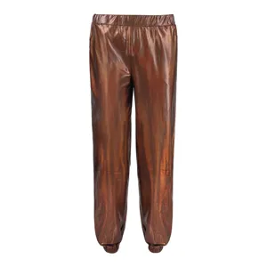 Glossy metallic trousers detail, shiny iridescent fabric, elastic waist streetwear pants.
