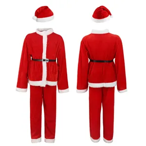 Set de disfraz de Papá Noel para niños con chaqueta pantalón gorro y cinturón festivo.