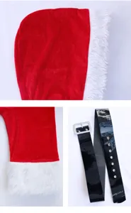 Detail view of women's Christmas costume with red velvet hood, furry cuffs, and shiny black belt.
