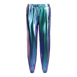 Close-up detail of holographic metallic shiny pants with elastic waist and cuffs, vibrant.