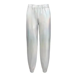 Holographic laser loose pants detail, metallic shiny sheen fabric, elastic waist design.