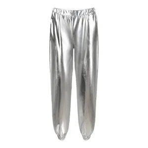 Metallic silver baggy pants for women, holographic hip hop street dance party trousers detail.