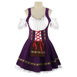Lindo vestido de sirvienta bávara de cerveza morada con blusa blanca para cosplay.