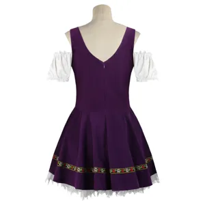 Vestido de cosplay morado para mujer, disfraz de Halloween con mangas abullonadas y ribete.