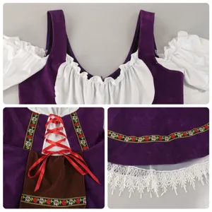 Vista detallada del disfraz de dirndl de terciopelo morado con mangas abullonadas y corsé.