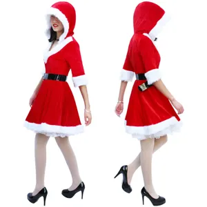 Womens Christmas Santa Costume Red Hooded Dress with White Plush Trim and Black Belt