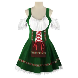 Tradicional disfraz de camarera alemana de cerveza, vestido verde de Oktoberfest con delantal blanco.