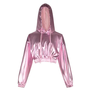 Holographic shiny pink metallic cropped hoodie with hood and drawstrings for women.