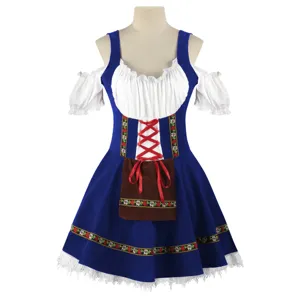 Vestido de disfraz de camarera bávara con blusa blanca, corsé azul y delantal bordado.