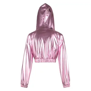 Pink metallic cropped hoodie back view, glossy holographic long sleeve pullover detail.