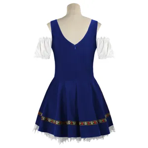 Detalle trasero del vestido de cosplay de camarera azul con mangas blancas y flores.