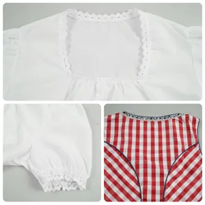 Detailansicht der traditionellen Bierfest Kostümbluse und rotem Vichy-Karo Kleid Elementen.