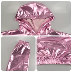Detail view of the pink metallic laser cropped hoodie and pants set for women cosplay costume.