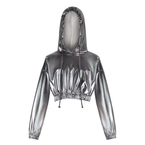 Holographic metallic cropped hoodie for women, shiny laser silver long sleeve pullover streetwear.
