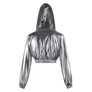 Metallic shiny cropped hooded long sleeve pullover sweatshirt for women party wear.