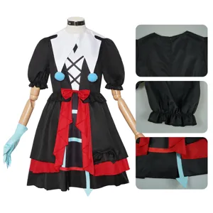 Set abito cosplay con abito nero, colletto bianco, nastri rossi e dettagli blu.