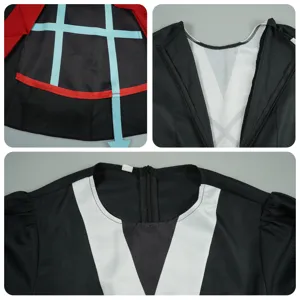 Vista dettagliata del costume cosplay, con motivo a griglia distintivo e colletto colorato.