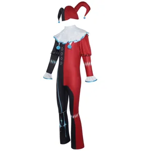 Costume cosplay da giullare rosso e nero vestito da clown per festa spettacolo vista dettagliata.