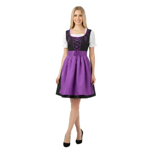 Traditional German Oktoberfest Dirndl dress with white blouse, corset and purple apron.