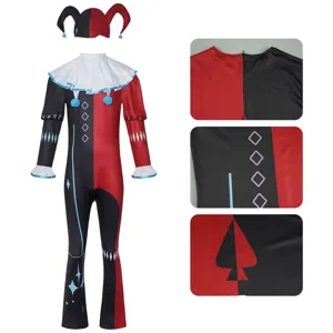 Set costume cosplay arlecchino rosso e nero per bambini con cappello e colletto da festa.