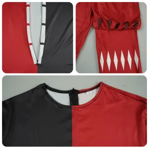 Dettaglio costume cosplay rosso e nero con cerniera, motivi a rombi e etichetta colletto S.