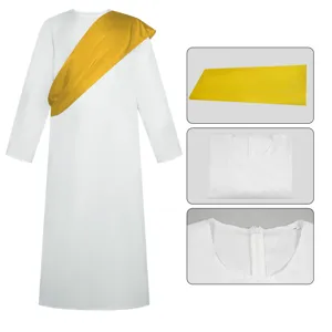 Costume de robe longue blanche avec écharpe dorée cosplay pour événements historiques.