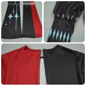 Primo piano dettagliato del costume cosplay con stampe di stelle blu e design a contrasto.