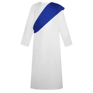 Robe de costume blanche à manches longues avec écharpe bleue détaillée pour jeux de rôle.