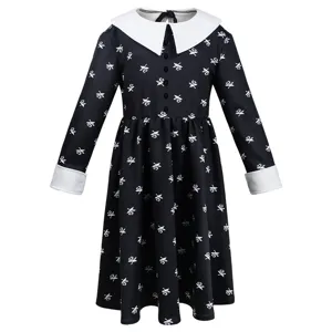 Detailed view of kids black long sleeve dress with white collar and cuffs for cosplay.