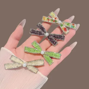 Korean sweet bow hair clip for women, sparkling rhinestone pearl cute fringe hair accessory