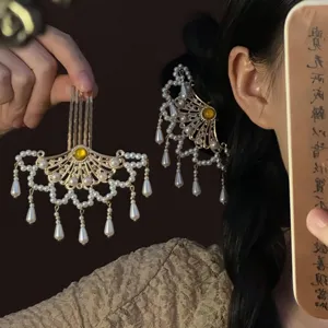 Style Chinois Éventail Perle Glands Épingle à Cheveux Alliage Perle Artificielle Strass Bâton de Cheveux Accessoires