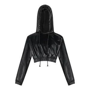 Black glossy crop hoodie PU leather long sleeve drawstring hooded top for women detail view