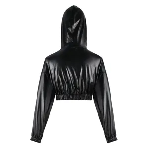 Detailed back view of the black faux leather cropped hoodie, stylish long sleeve pullover.