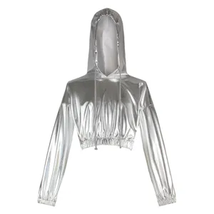 Shiny silver metallic cropped hooded sweatshirt for women, perfect for parties and Halloween.