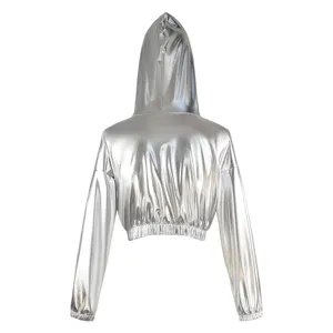 Metallic silver cropped hoodie detail, showing shiny back view with long sleeves.